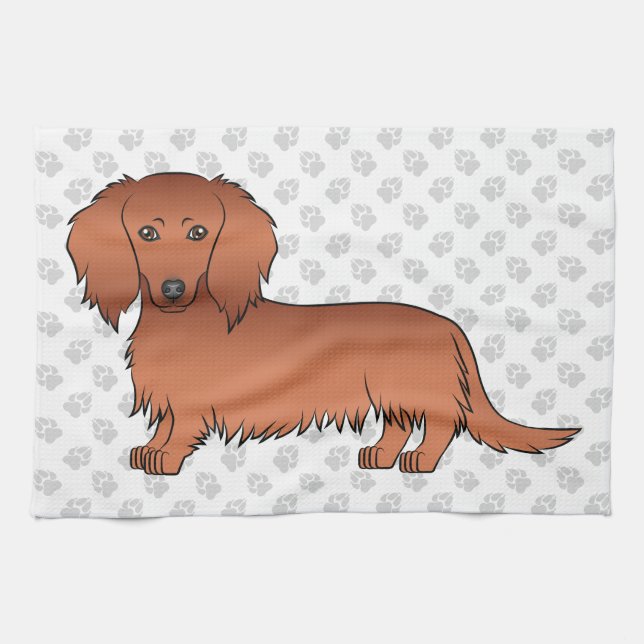 Red Long Hair Dackel Niedlich Cartoon Dog & Paws Geschirrtuch (Horizontal)