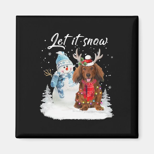 Red Long Hair Dackel Santa Dog Weihnachtsschnee Magnet (Vorne)