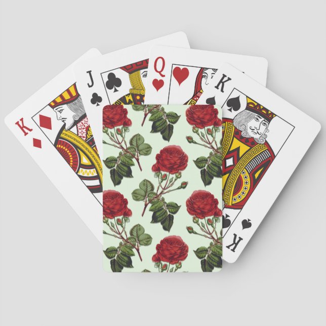 Red Long Stem Rose Muster Minze Green Hintergrund Spielkarten (Rückseite)