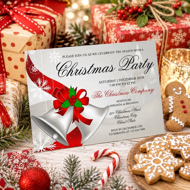Red Loop Silver Bells Weihnachtsfest Party Einladung (Von Creator hochgeladen)