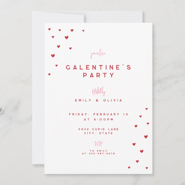Red Love Heart Valentine's Galentines Party Invite Einladung (Vorderseite)