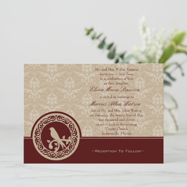 Red Lovebird Damask Einladung zur Hochzeit (Stehend Vorderseite)