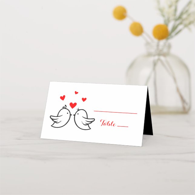 Red Lovebirds Hearts Escort Card - Hochzeitsfeier Platzkarte (Vorderseite)