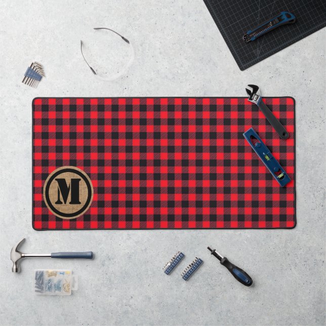 Red Lumberjack Buffalo Kariert und Burlap Monogram Schreibtischunterlage (Arbeitsplatz)