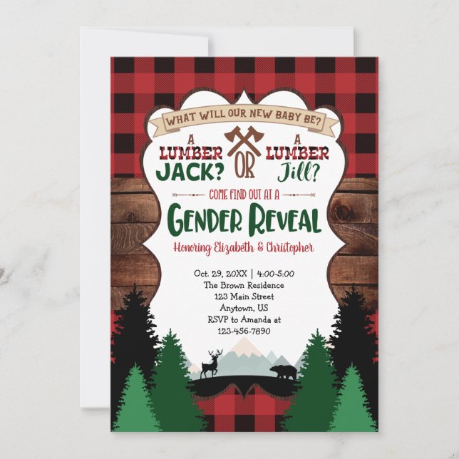 Red Lumberjack Gender Reveal Baby Shower Einladung (Vorderseite)