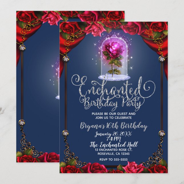 Red Magical Enchanted Rote Rose Beauty Sweet 16 Einladung (Vorne/Hinten)