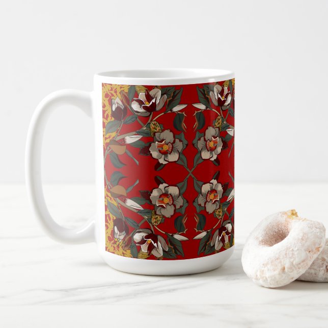 Red Magnolias on Red Background Kaffeetasse (Mit Donut)
