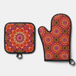 Red MANDALA  Ofenhandschuh & Topflappen-Set