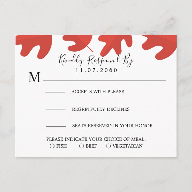 Red Maple Leaf Wedding RSVP Card Einladungspostkarte (Vorderseite)
