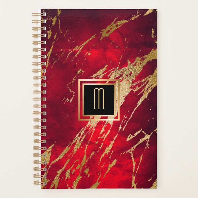 Red Marble Gilded Gold Monogram Planer (Vorderseite)