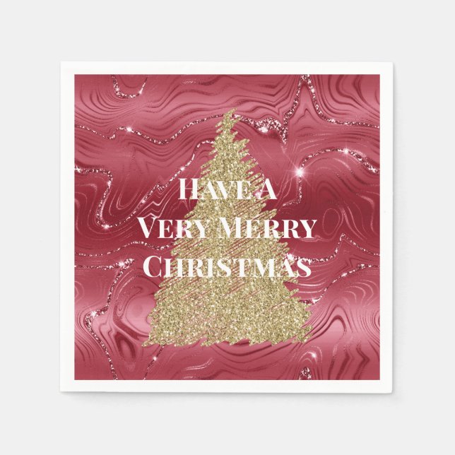 Red Marble Gold Glitzer Weihnachtsbaum Serviette (Vorderseite)