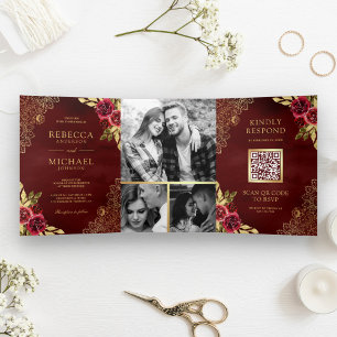 Red Maroon Floral Gold Lace QR Code Hochzeit Dreifach Gefaltete Einladung
