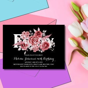 Red Maroon Greenery Floral 40. Black Birthday Einladung