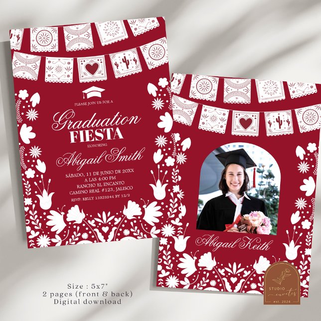 Red Maroon Talavera Mexican Graduation Fiesta Einladung (Von Creator hochgeladen)