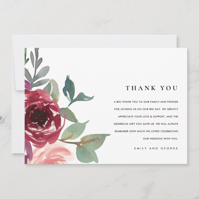 RED MARSALA BLUSH ROSE WATERCOLOR FLUSSBREITE DANKESKARTE (Vorderseite)