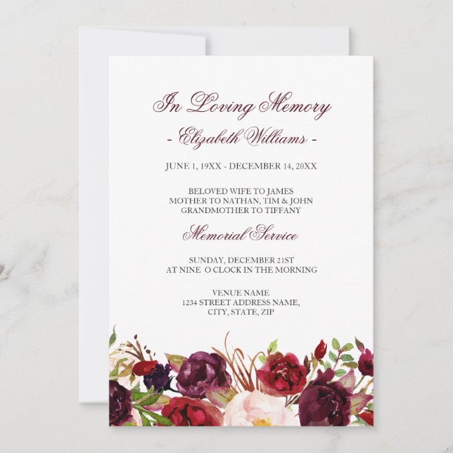 Red Marsala Burgundy floral Memorial Service Einladung (Vorderseite)