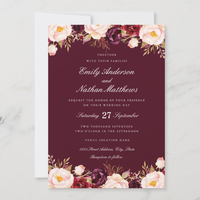 Red Marsala Floral Burgundy Einladung zur Hochzeit (Vorderseite)