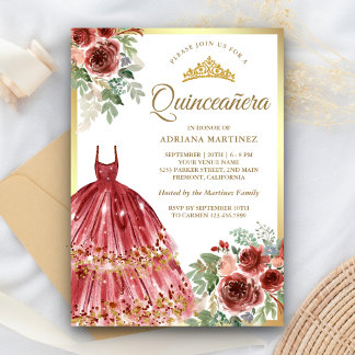 Red Marsala Floral Dress Gold Quinceanera Einladung