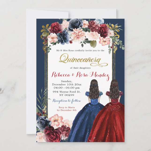 Red Marsala Navy Blue Floral Twins Quinceñera Einladung (Vorderseite)