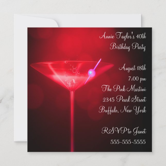 Red Martini Frauen 40. Geburtstag Party Einladung (Vorderseite)