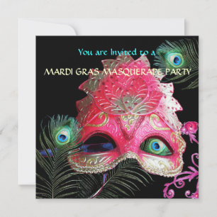 RED MASK with PEACOCK FEATHERS MASQUERADE PARTY Einladung