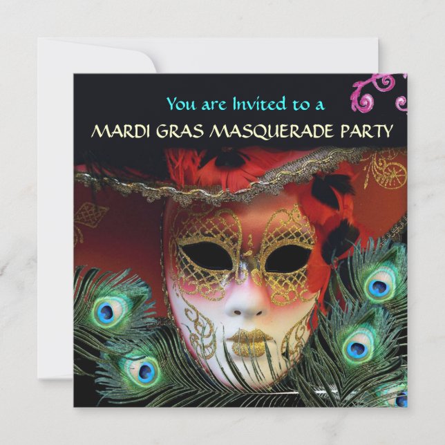 RED MASK with PEACOCK FEATHERS MASQUERADE PARTY Einladung (Vorderseite)