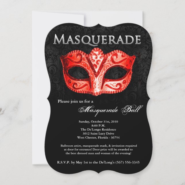 Red Masquerade Ball Maske Kostüm Halloween Teil Einladung (Vorderseite)