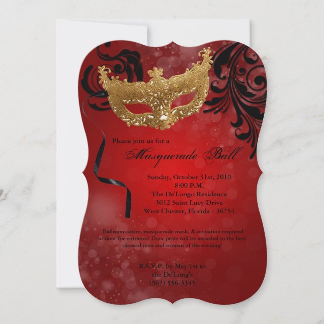 Red Masquerade Ball Maske Kostüm Halloween Teil Einladung (Vorderseite)