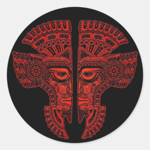Red Mayan Twins Mask Illusion in Black Runder Aufkleber