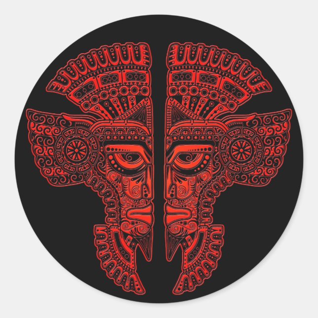 Red Mayan Twins Mask Illusion in Black Runder Aufkleber (Vorderseite)