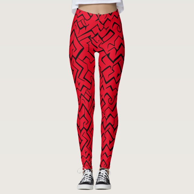 Red Meander Pattern | Modernes Maze Leggings (Vorderseite)