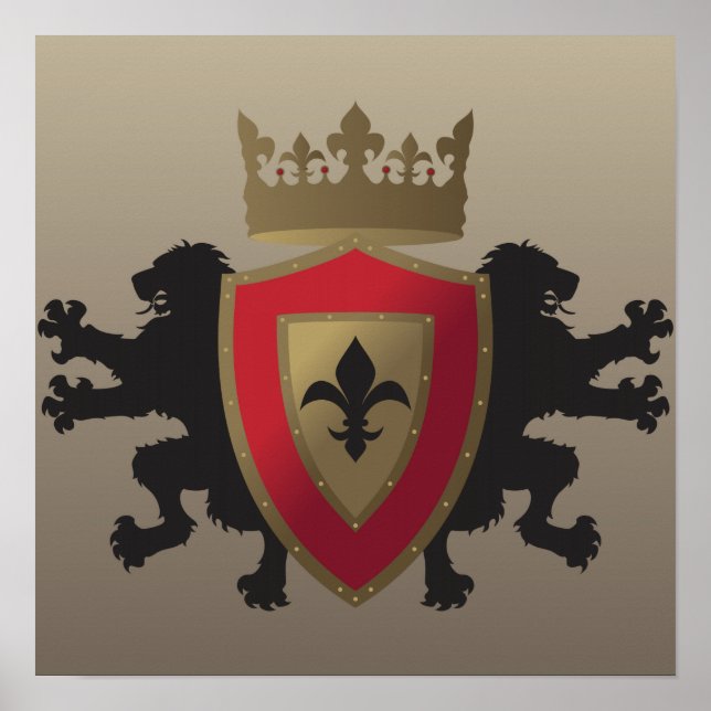 Red Medieval Lion Heraldry Poster (Vorne)