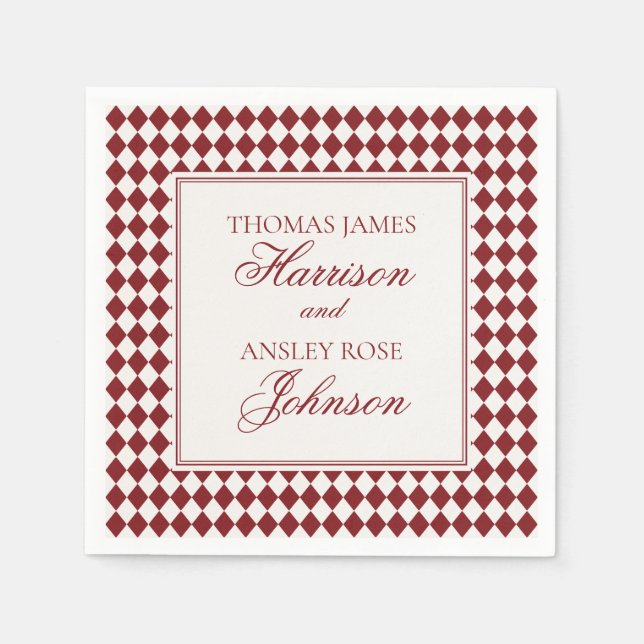 Red Merlot Harlequin Checkered Wedding Serviette (Vorderseite)