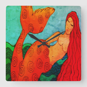 Red Mermaid Abstrakte Kunst Quadratische Wanduhr