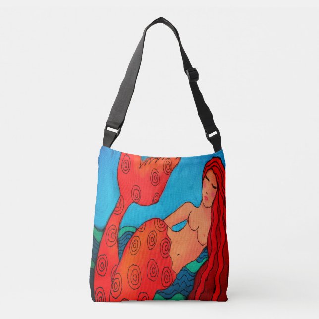 Red Mermaid Abstrakte Kunst Tragetaschen Mit Langen Trägern (Vorderseite)