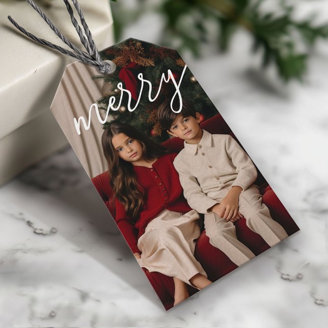 Red Merry Calligraphy - Foto-Typ Geschenkanhänger (Custom Photo Gift Tag - Add your pictures and text)