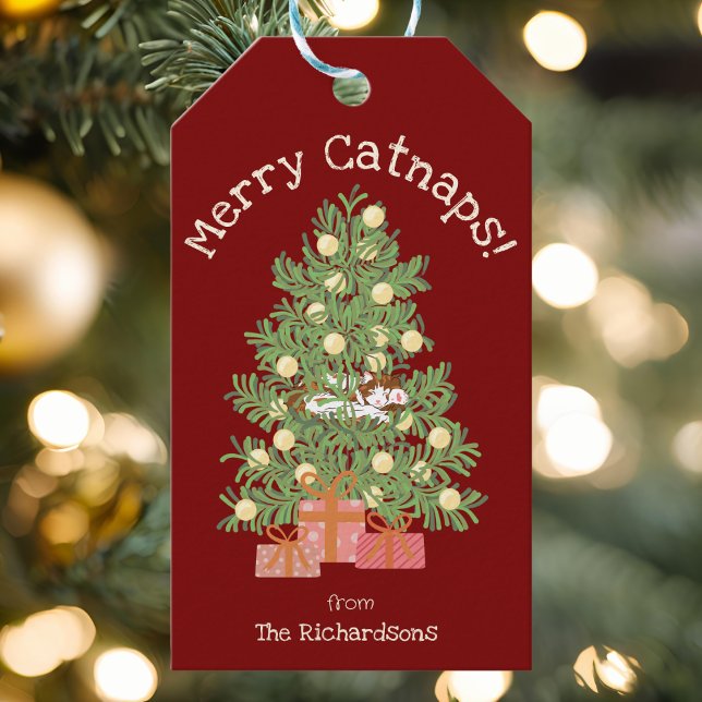 Red Merry Catnaps! Niedliche Katze auf Weihnachtsb Geschenkanhänger (Von Creator hochgeladen)