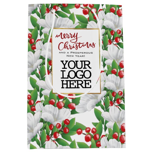 Red Merry Christmas Business Logo Winter Floral Mittlere Geschenktüte (Vorderseite)