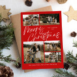 Red Merry Christmas Calligraphy Script 5 Foto Feiertagskarte<br><div class="desc">Red Merry Weihnachtskalligrafie Script 5 Foto Holiday Card bietet moderne Kalligrapie-Skript auf der Vorderseite,  zusammen mit drei Fotos,  und ein festliches Weihnachtsfest auf der Rückseite kariert.</div>