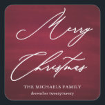 Red Merry Christmas Elegante Script Quadratischer Aufkleber<br><div class="desc">Schön und festlich maroon rot Frohe Weihnachtsaufkleber mit eleganter Kalligraphie weiß Drehbuch.</div>