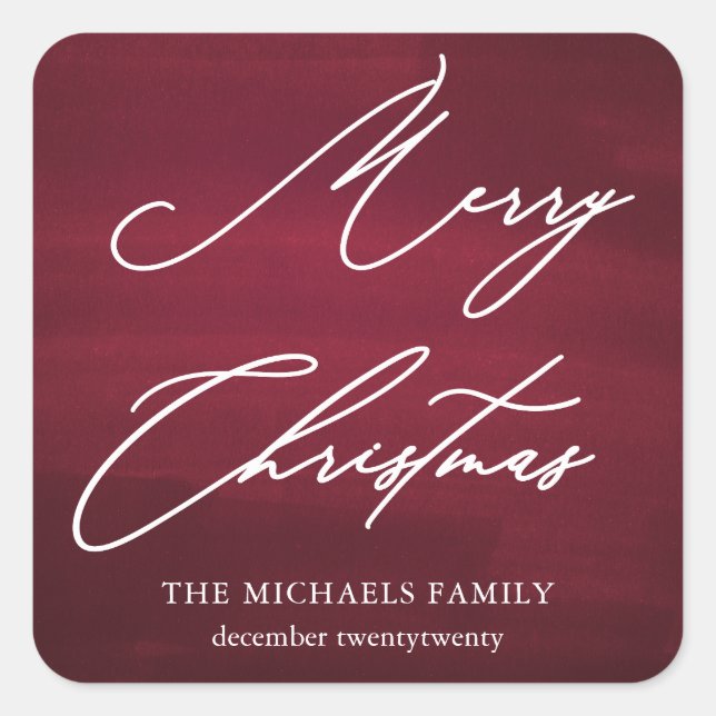 Red Merry Christmas Elegante Script Quadratischer Aufkleber (Vorderseite)
