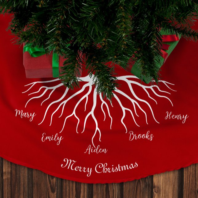 Red Merry Christmas Family Name Roots Polyester Weihnachtsbaumdecke (Von Creator hochgeladen)