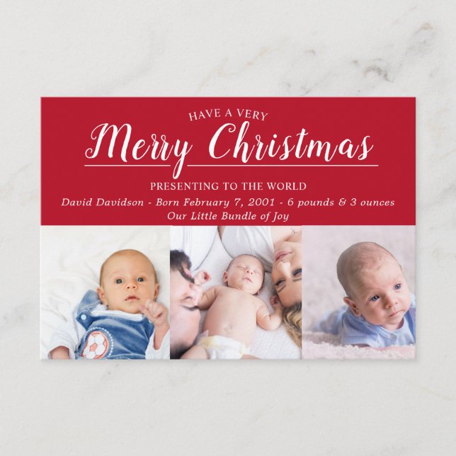 Red Merry Christmas Foto Baby Birth Ankündigung Begleitkarte (Vorderseite)