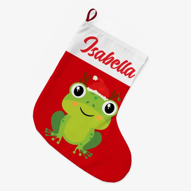Red Merry Christmas Green Frosch Weihnachtsmannmüt Großer Weihnachtsstrumpf (Vorderansicht (hängend))