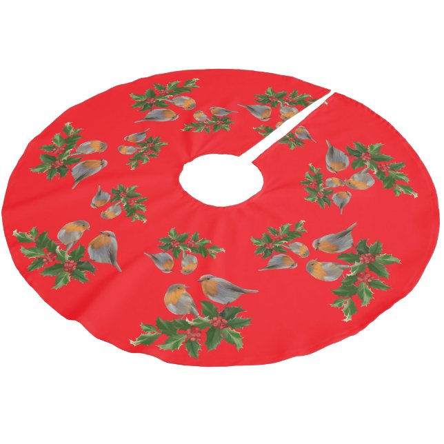 Red Merry Christmas Holly Berries Xmas Bird Polyester Weihnachtsbaumdecke (Schrägansicht)
