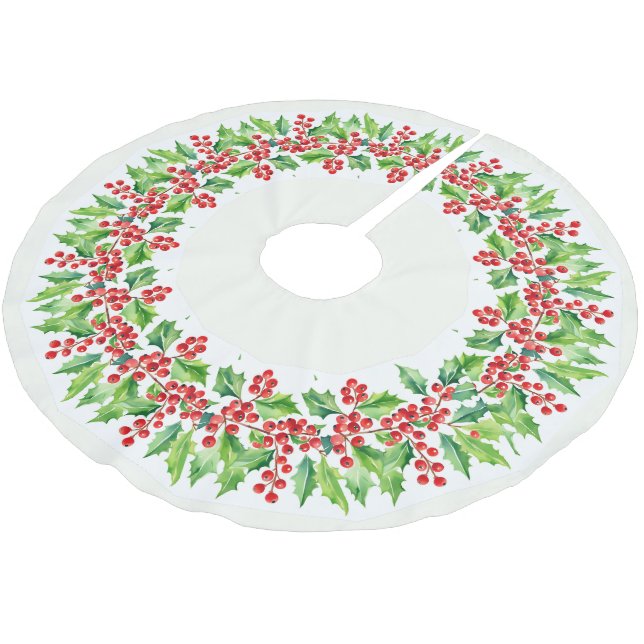 Red Merry Christmas Holly Berries Xmas Muster Polyester Weihnachtsbaumdecke (Schrägansicht)