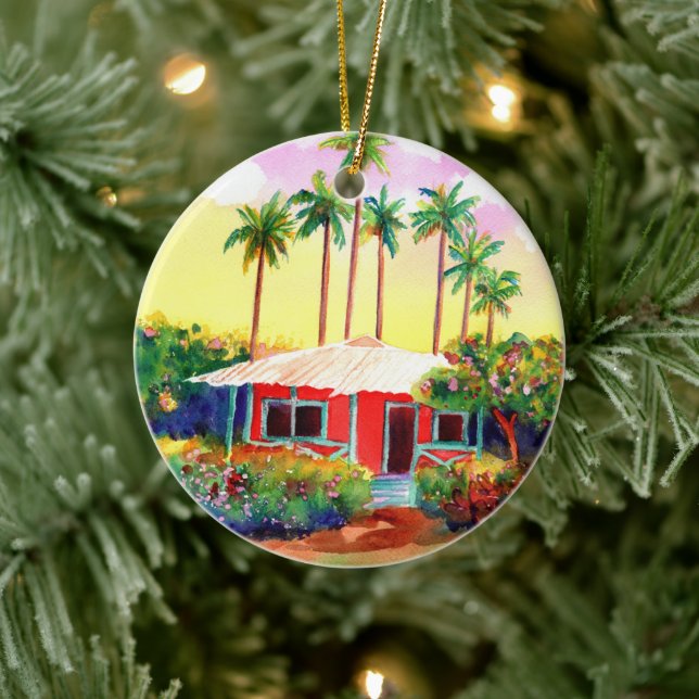 Red Merry Christmas Mele Kalikimaka Hütte Keramik Ornament (Baum)