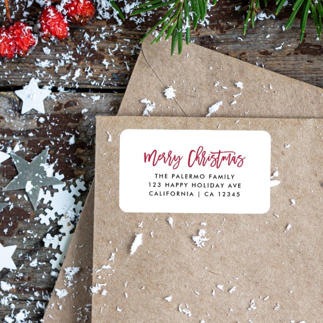Red Merry Christmas Moderne Typografie Adressaufkleber (red modern merry christmas typography signature-like return address label with family name)