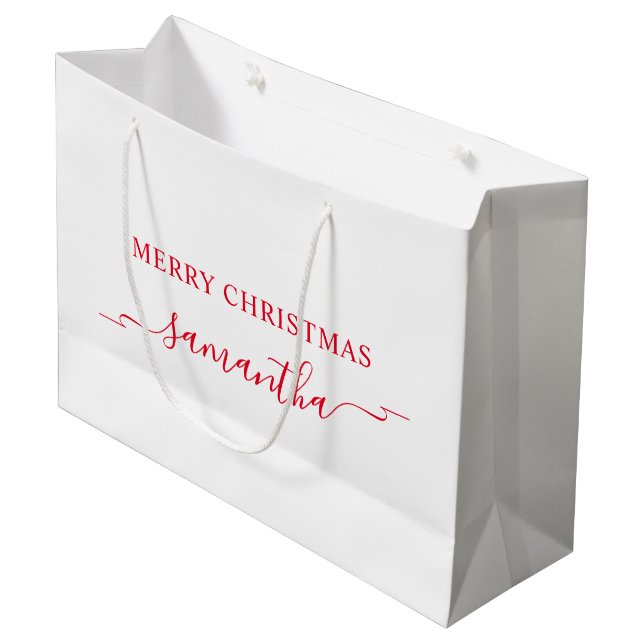 Red Merry Christmas Ribbon Swash Name Große Geschenktüte (Vorderseite Schrägansicht)