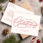 Red Merry Christmas Script Minimalistisch Feiertagspostkarte<br><div class="desc">Mit dieser minimalistischen Visitenkarte mit einer trendigen,  handgeschriebenen,  roten "Fröhliche Weihnachten"-Schrift können Sie Ihren Feiertagssjubiläum ausklingen lassen. Stilvoll und einfach,  ist dieses Design perfekt,  um Freude auf eine moderne,  schlichte Art und Weise zu verbreiten.</div>